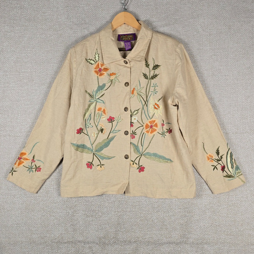 Tapestry Patch Tan Floral Embroidered Cotton Linen Jacket Ornate Buttons Large